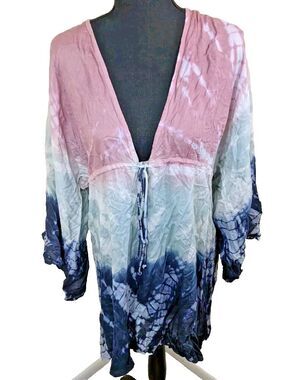 RAVIYA Swim Cover Up Tie Dye Empire Drawstring Waist Tunic Deep V-Neck  0X